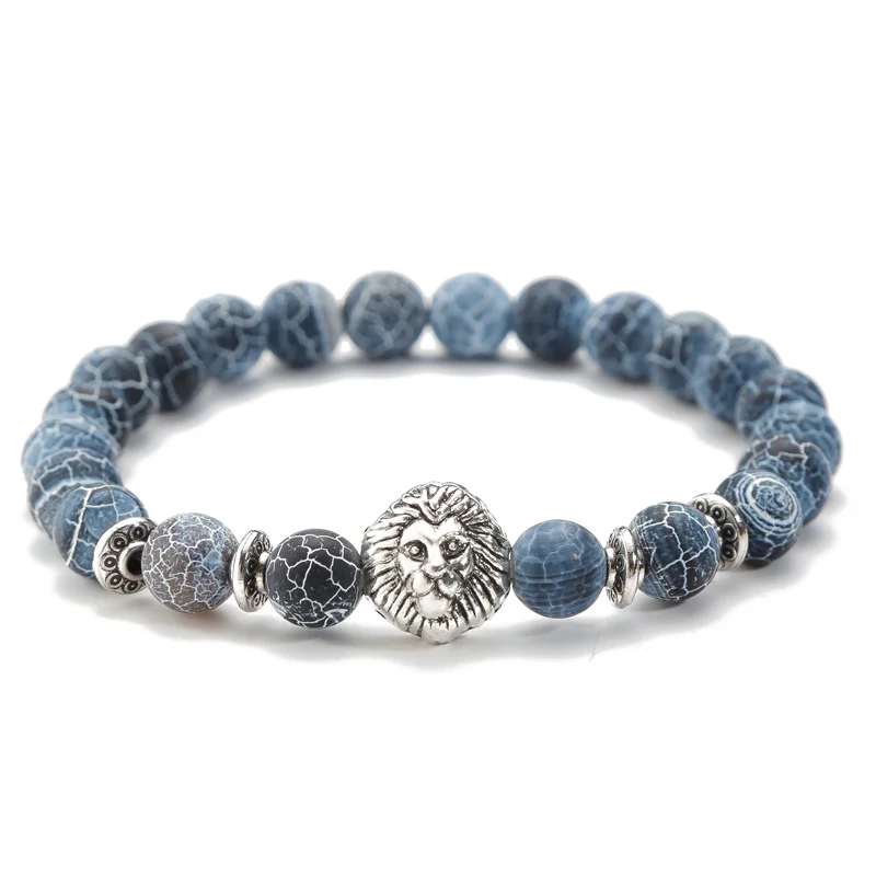 Stainless Steel Natural Accessories Silver Lion Head Lava Stone Onyx Beads Bracelet For Men