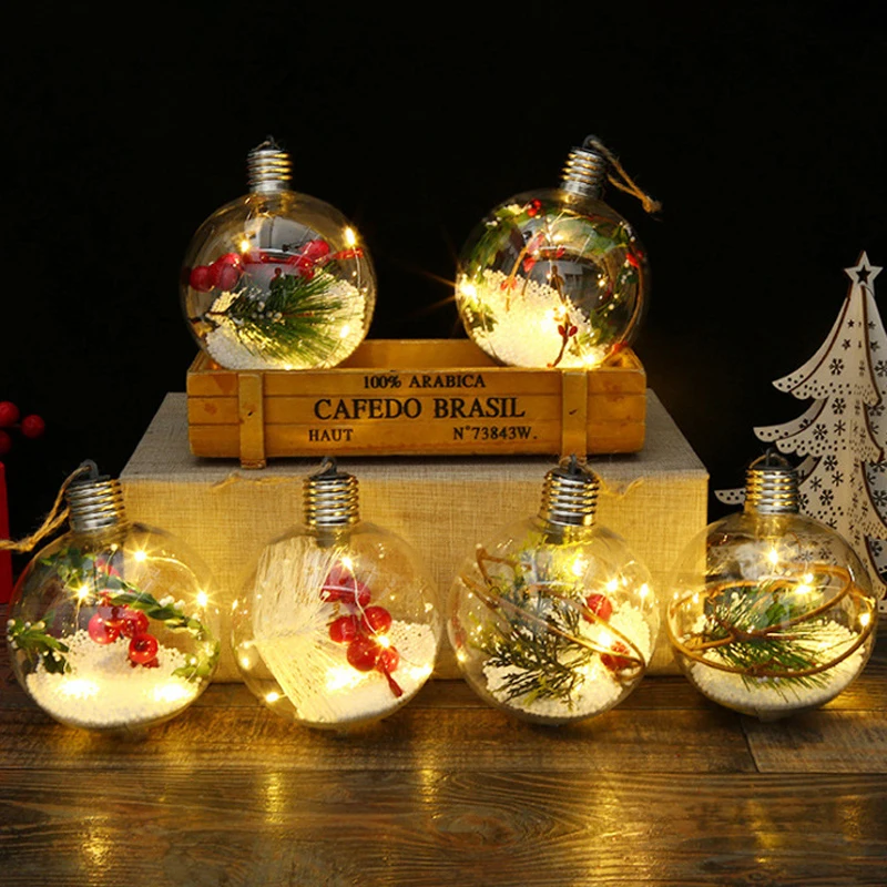 LED Light Christmas Bulbs Ornament Transparent Ball Holly Pick Christmas Baubles Clear Tree Decoration Crafts
