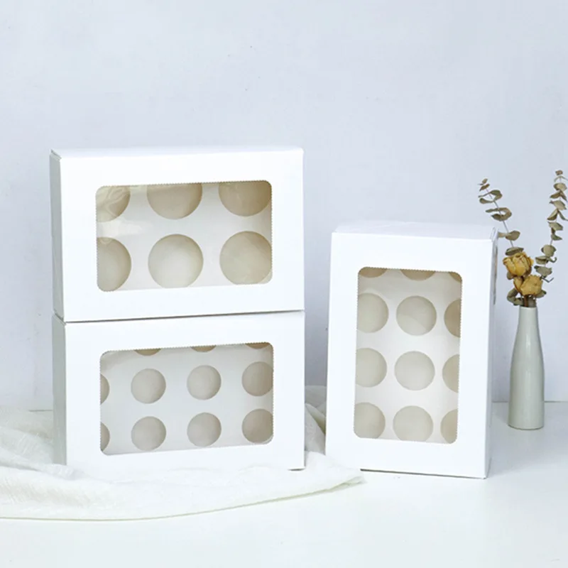 Custom White Transparent Window Packaging 6 Hole Mini Cupcake Paper Box With Plugin