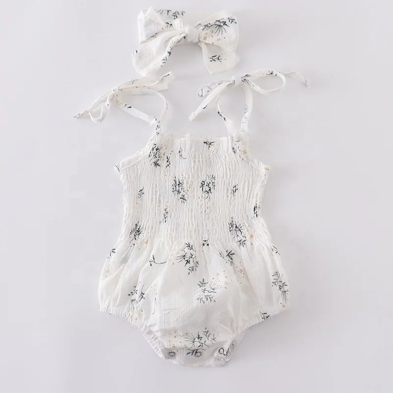 summer pink delicate baby girl infant jacquard cotton floral printing romper matching headband one-piece