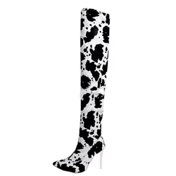 XINZI RAIN Western Women Long Boots Animal Print PU Leather 6-8cm Stiletto Heel Thigh High Women Over Knee Boot