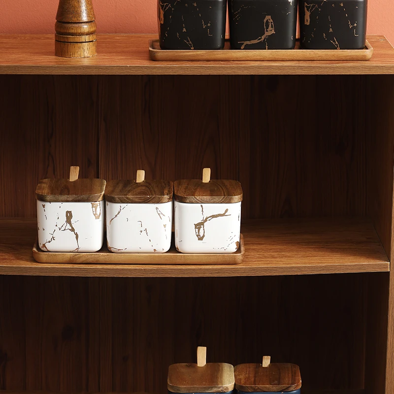 Spice Jars Set Eco-Friendly Home Goods Kitchen Salt Seasoning Jar Set Ceramic Spice Jar With Wood Tray And Lid