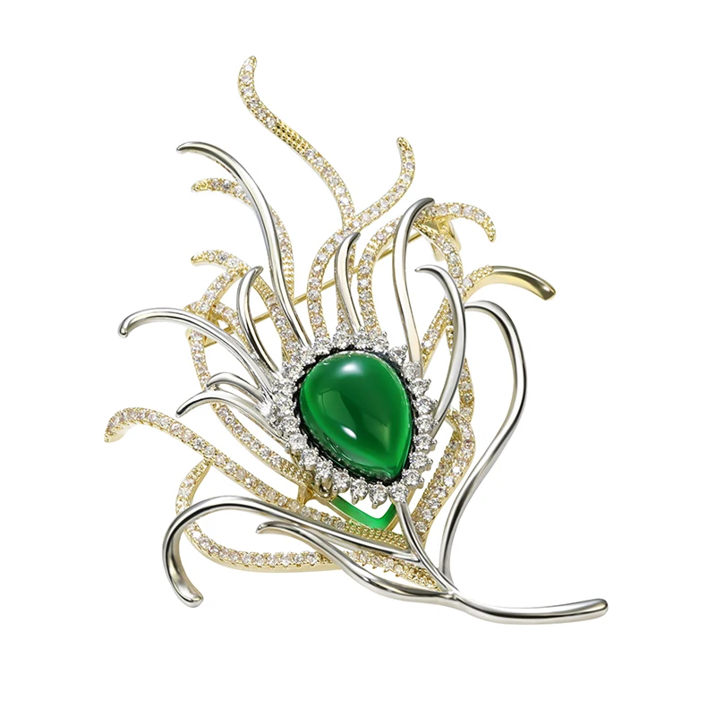 Elegant peacock feather brooch pin accessories zircon glass beads corsage jewelry needle