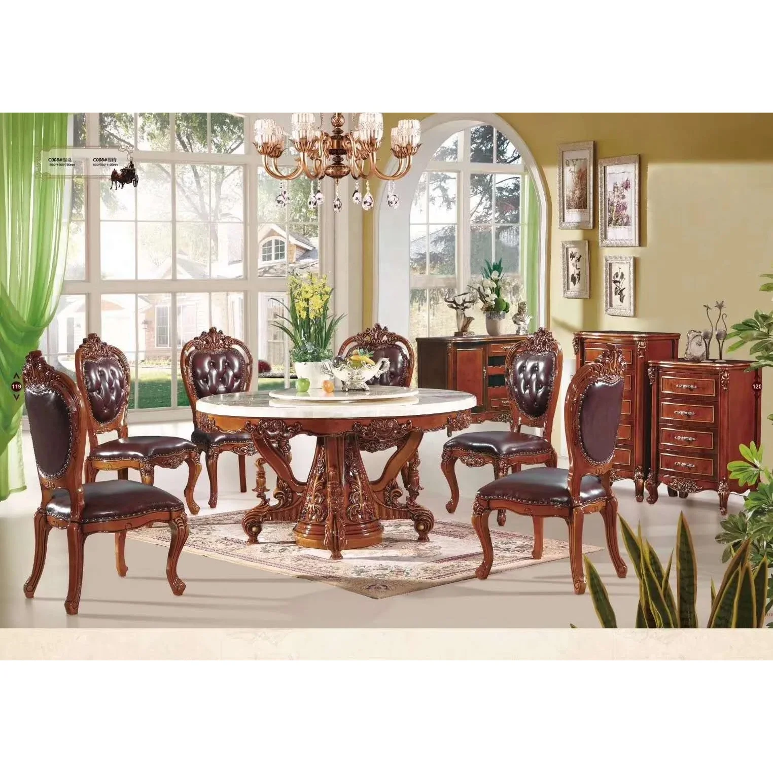 China Supply Euro Classical Antique Style Vintage Dining Room Set Ancient Brown Wood Cloth/Leather Circle Table 6-Seat Solid