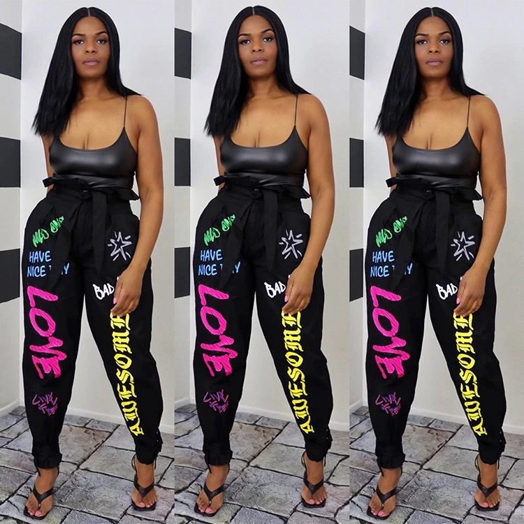 W5856-2021 womens hot selling clothing letter printed flounce lace up loose casual pants