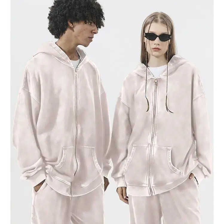 Acid Washed Oversized Embroidered Cropped Hoodies Ripped French Terry Black Distressed Applique Boxy Fit Full Zip Up Hoodies Men