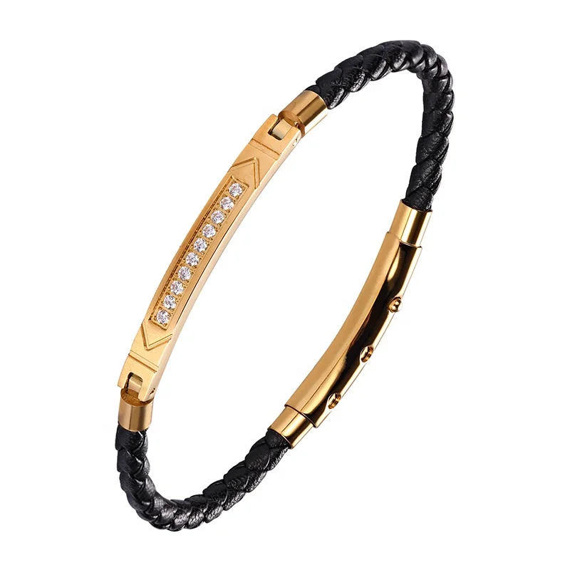 Fashion Jewelry Bracelets Gold Plated Zircon Stainless Steel Custom Mens Leather Bracelet