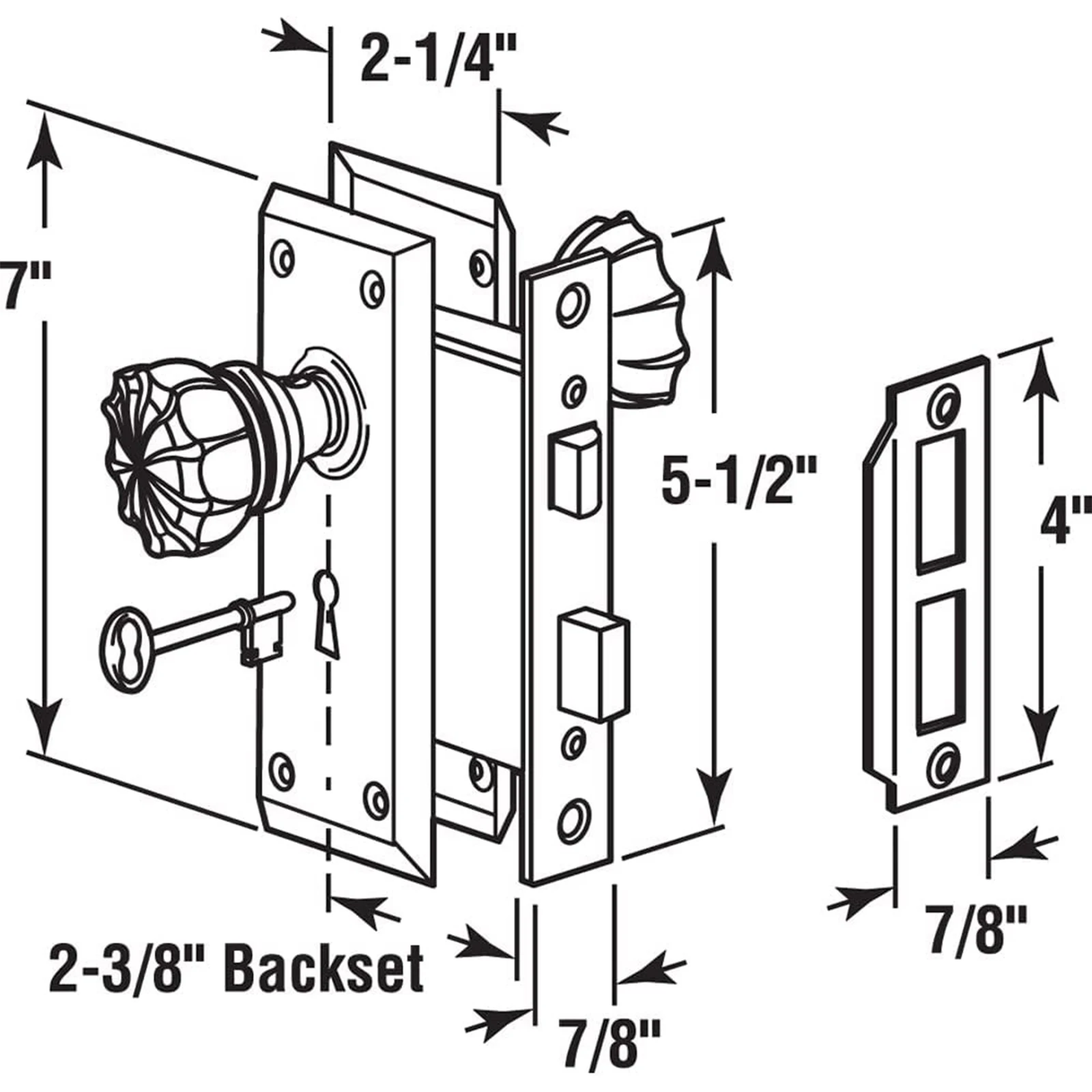 Vintage Keyed Indoor Mortise Keyed Lock Set with Glass Knob Fits 1-3/8 in to 1-3/4 in. Interior Doors