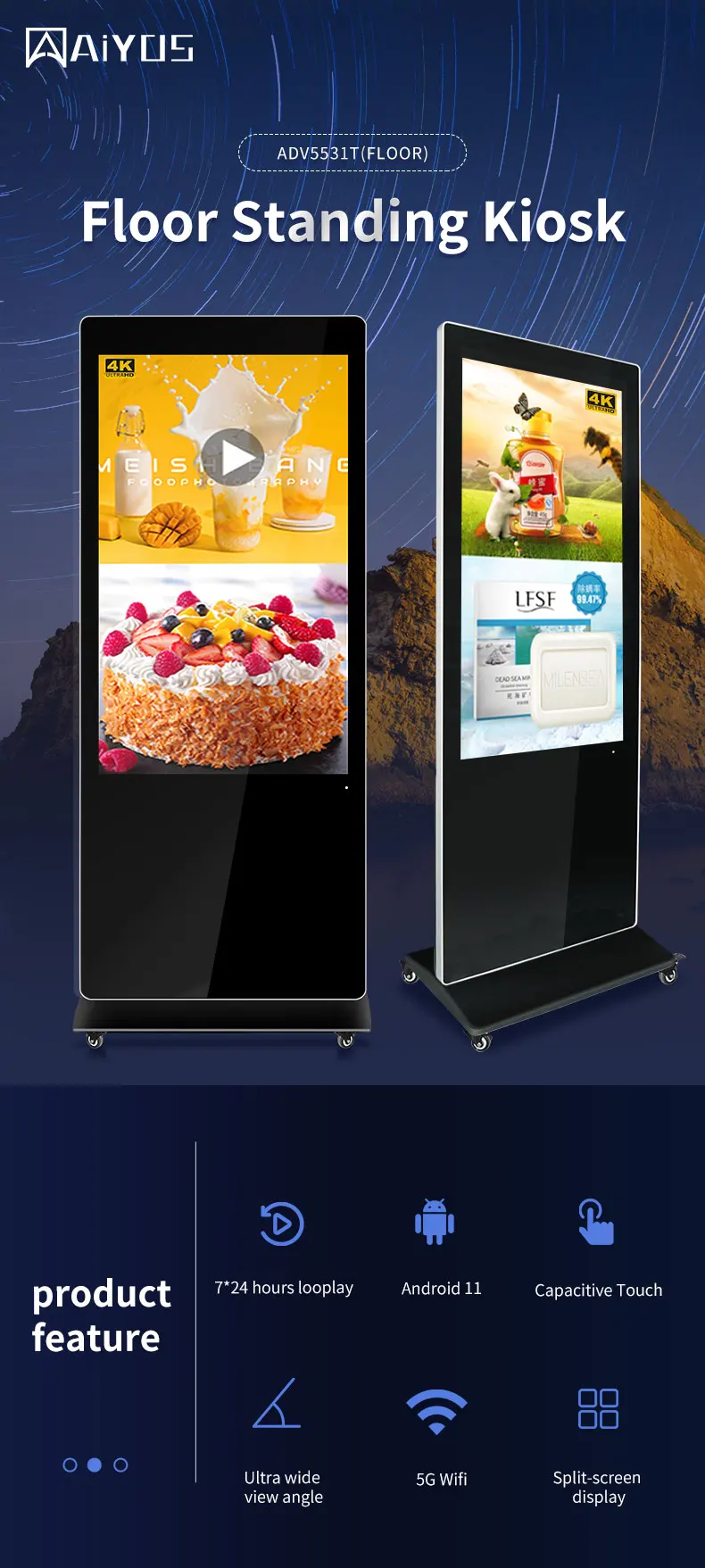 New Design Touch Screen Floor Stand Kiosk Window Ethernet Digital Signage Media Player Display Advertising Totem