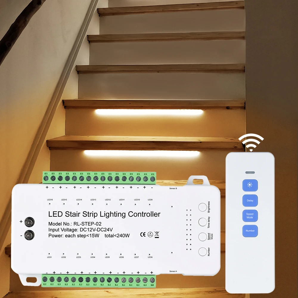 RF Remote Control PIR Motion Sensor Stair Lighting Controller Moving Effect Multiple Modes For 16 Steps Staircase Home Use