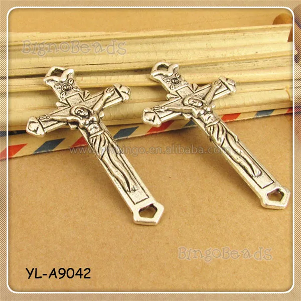 Silver Brass Filigree Cross Jesus Charm COnnector Religious Crafts Findings YL-A9042
