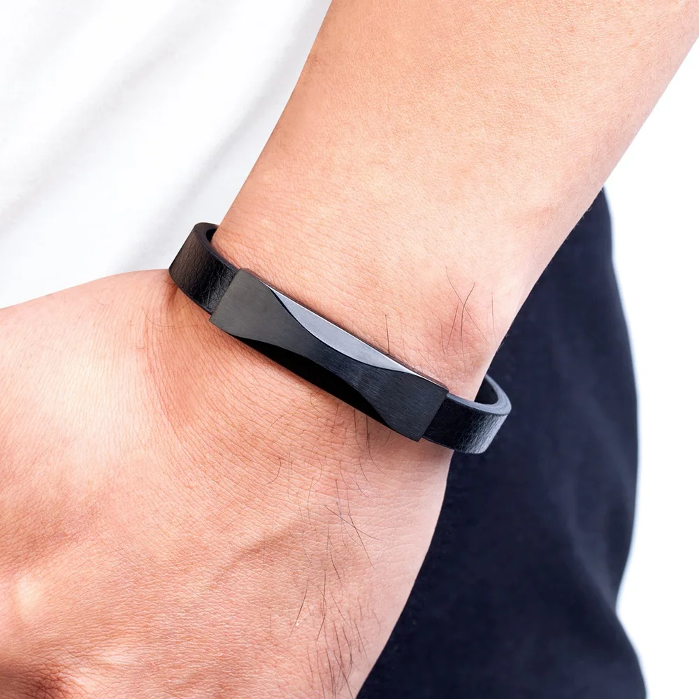 High Quality New Fashion Simple Style Geometry Stainless Steel Magnet Clasp Real Genuine Leather Bracelet For Men 2231