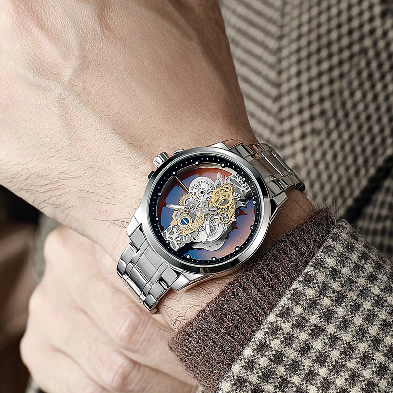 Gold Skeleton Waterproof Leather Custom Watch Men Luxury Orologio Uomo Relojes De cuarzo Para Hombre