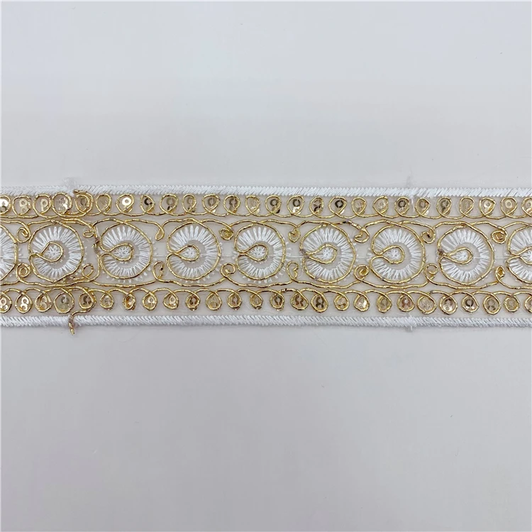 Mesh Sequin Embroidery Lace Stock supply of hollowed-up garment accessories Wholesale Gold Thread embroidery bar code lace