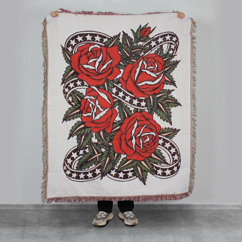 2022 Custom jacquard cotton polyester double embroidered woven throw tassel tapestry blankets with your own artwork