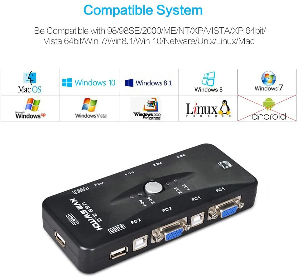  KVM-переключатель 4 порта ПК-монитор переключатели + USB-кабеля VGA для компьютера/клавиатуры/мыши подключи и