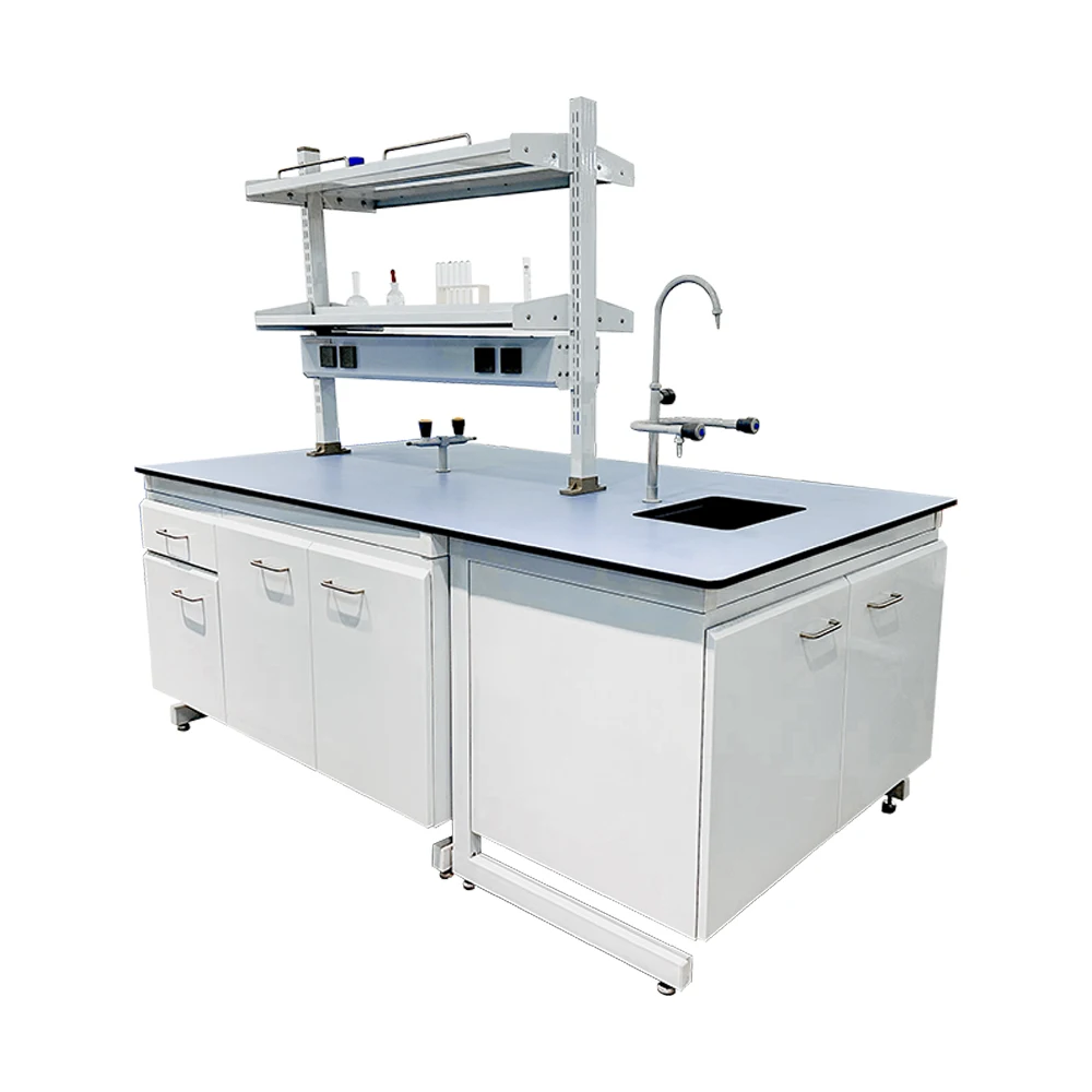 High Quality CE Certificated Lab Center Island Desks Electric Lift Tables Lab Benches With Double Gas Cocks