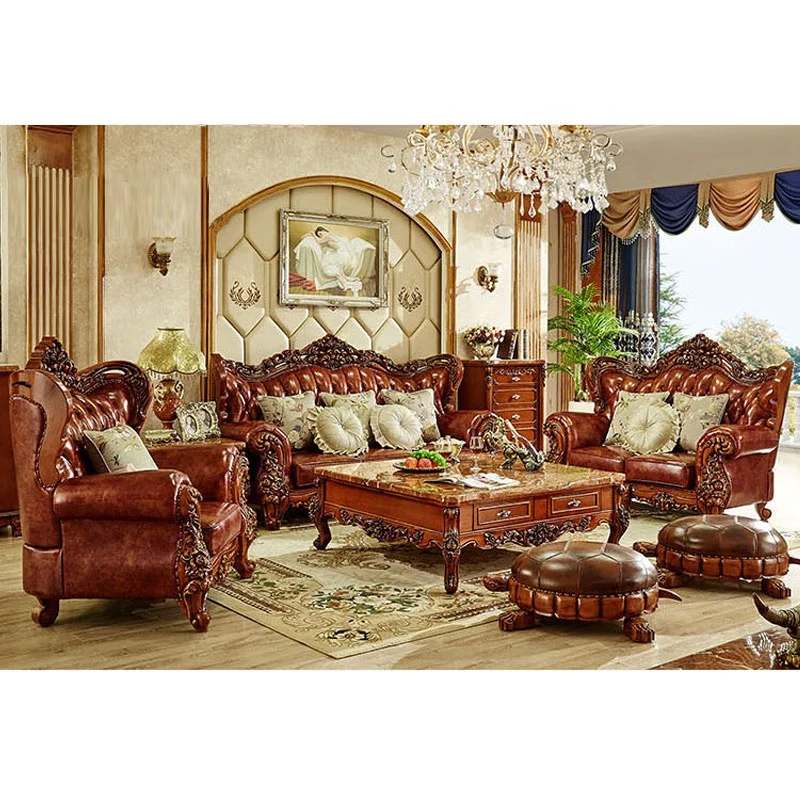 Classical living room full grain leather recliner sofa Factory supply antique wooden sofa furniture set