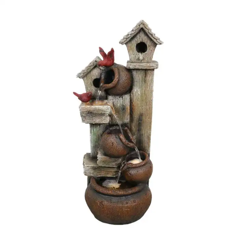HOT sale Bird house Wood Resin Ornament Flowing Outdoor waterfalls landscaping Fountain with LED Lights