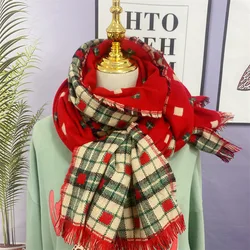 Fashion Print Double-sided Tassel Shawl Scarf Christmas Women Winter Warm Gifts Long Plaid Neck Scarf