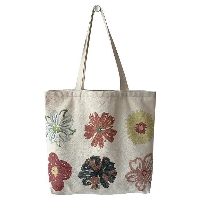 High quality Customise print flower shopping bag school designer floral pattern fabric cotton canvas custom tote bag for women