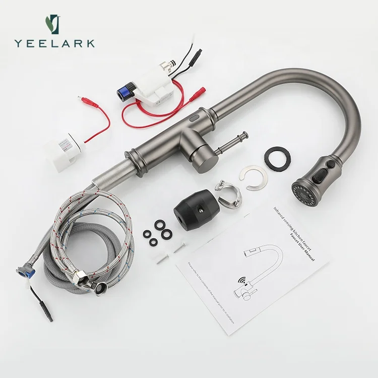 Commercial Automatic Brushed Graphite Finished Pull Down 304 Stainless Steel Touchless Smart Sensor Kitchen Sink Faucet Tap