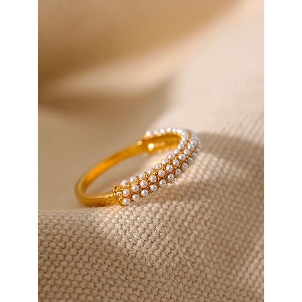 JINYOU 841 Elegant Artificial Pearls Stainless Steel Charm Chic Ring 18K Gold Plated Waterproof Trendy Fashion Romantic Jewelry