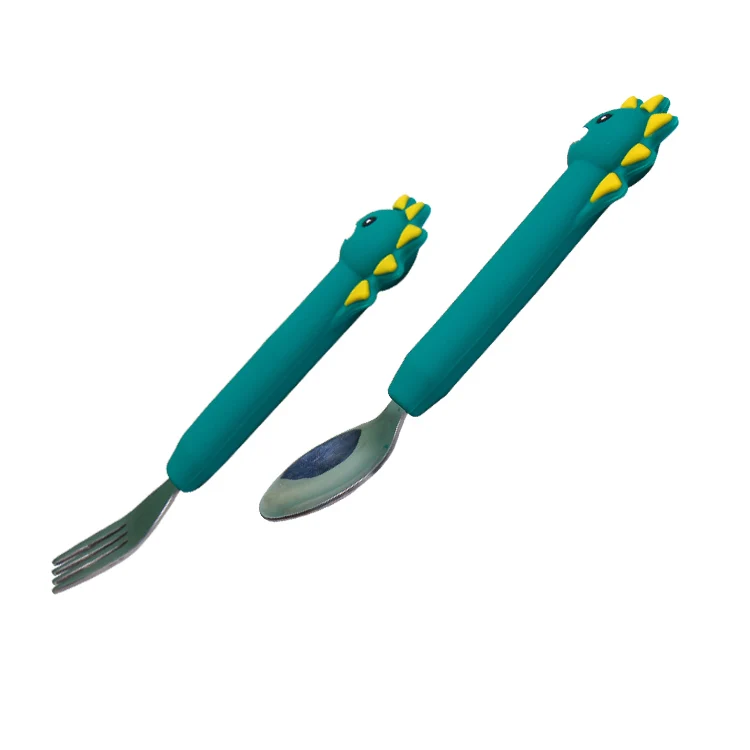 customizable Dinosaur shape baby silicone spoons forks toddler baby children feeding training spoon and fork