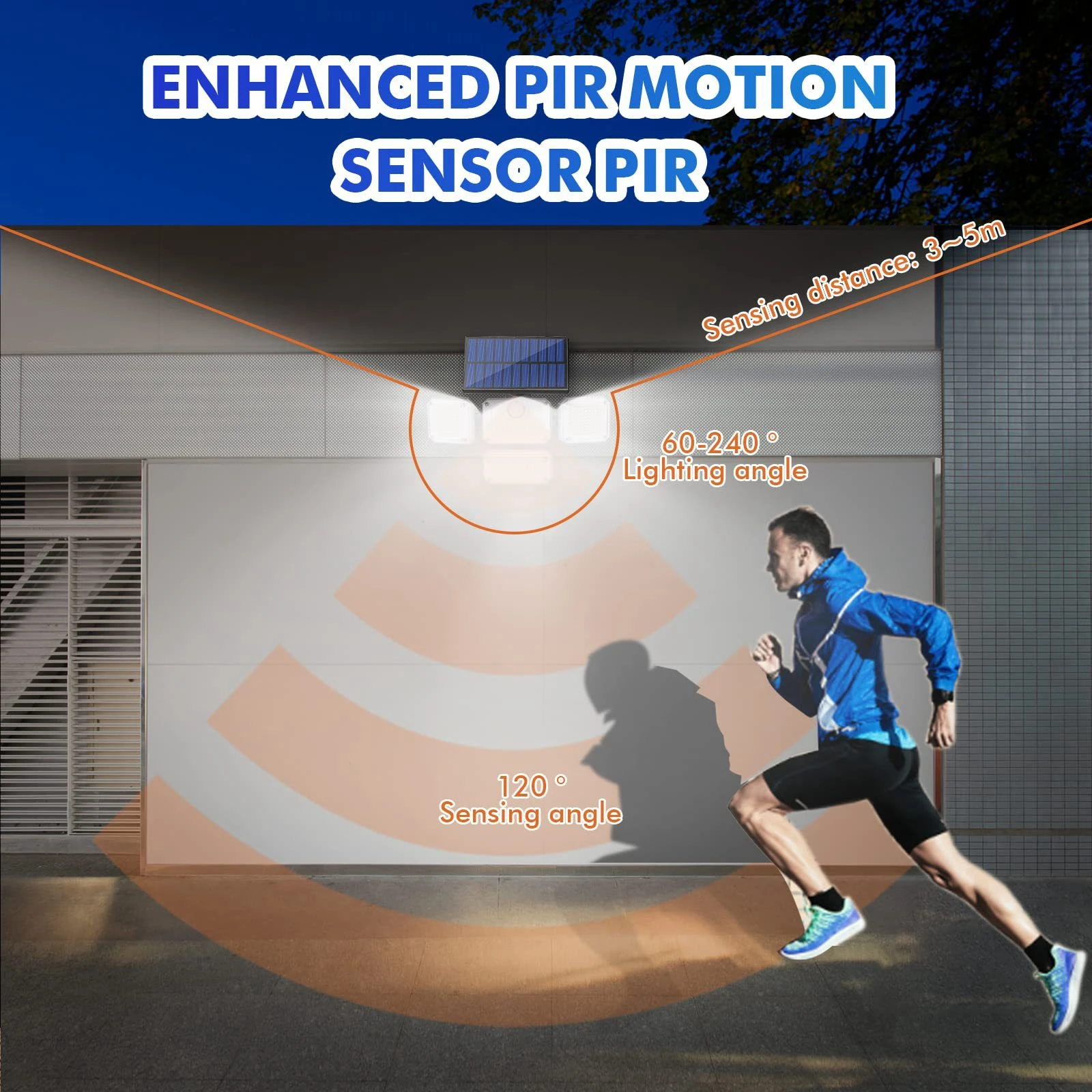 Solar outdoor lights 3 head adjustable wireless solar sensor wall lights security PIR DIM garden lights with remote 333leds