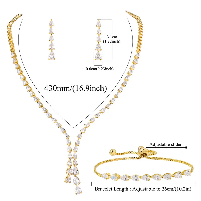 New Arrival High Quality Set of 3 Pieces CZ Wedding Necklace Bracelet and Earring Elegant Jewelry Gift for Bride Girlfriend Wife