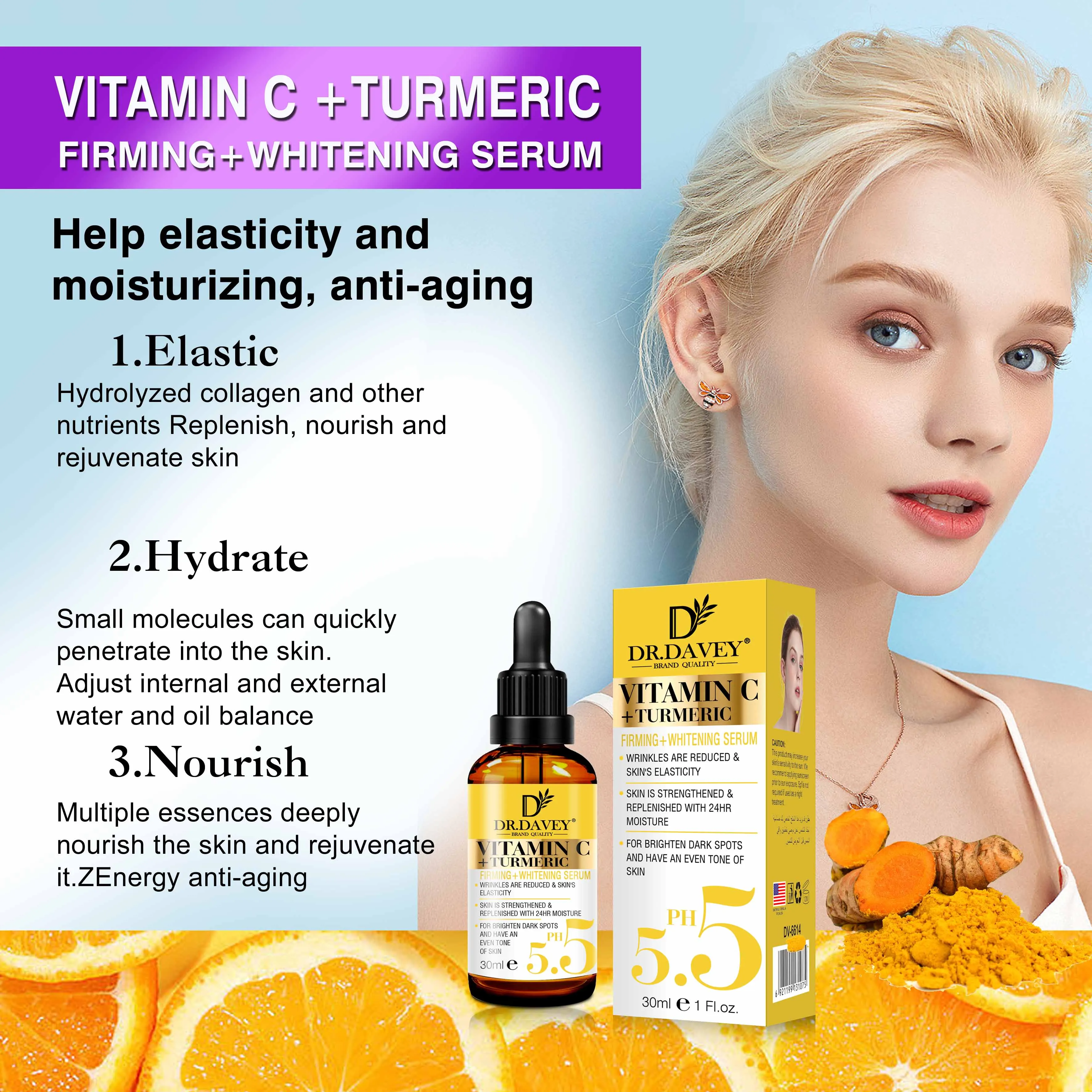 DR.DAVEY  Vitamin C+Turmeric  Serum  Anti Aging Anti Wrinkle Whitening Facial Moisturizing Serum 30ml