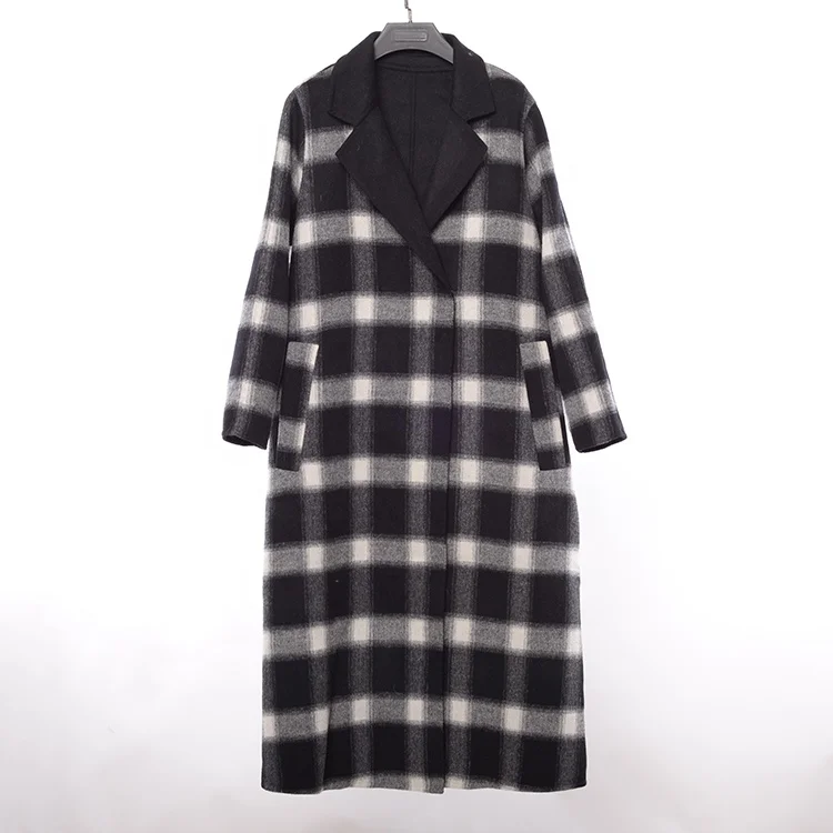 New Women Long Plaid Wool Coat Women Wool & Blends Black White Blend Cashmere Long Coat