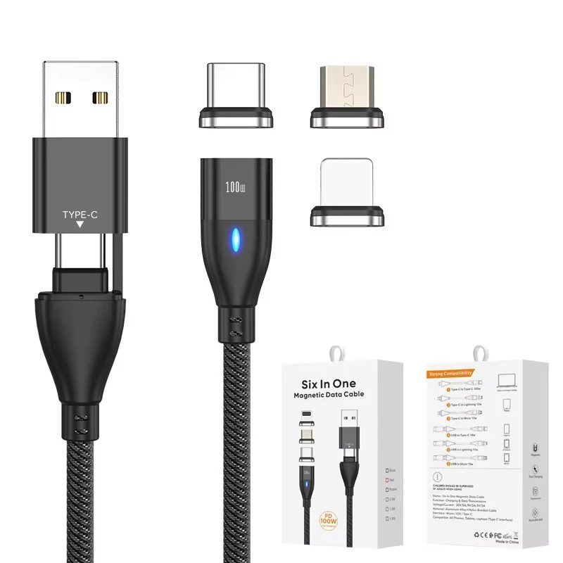 Супер Быстрая зарядка 6-в-1 кабель для передачи данных PD100W amazon трансграничный Магнитный нейлоновый плетеный ноутбука планшета iPhone smart phone