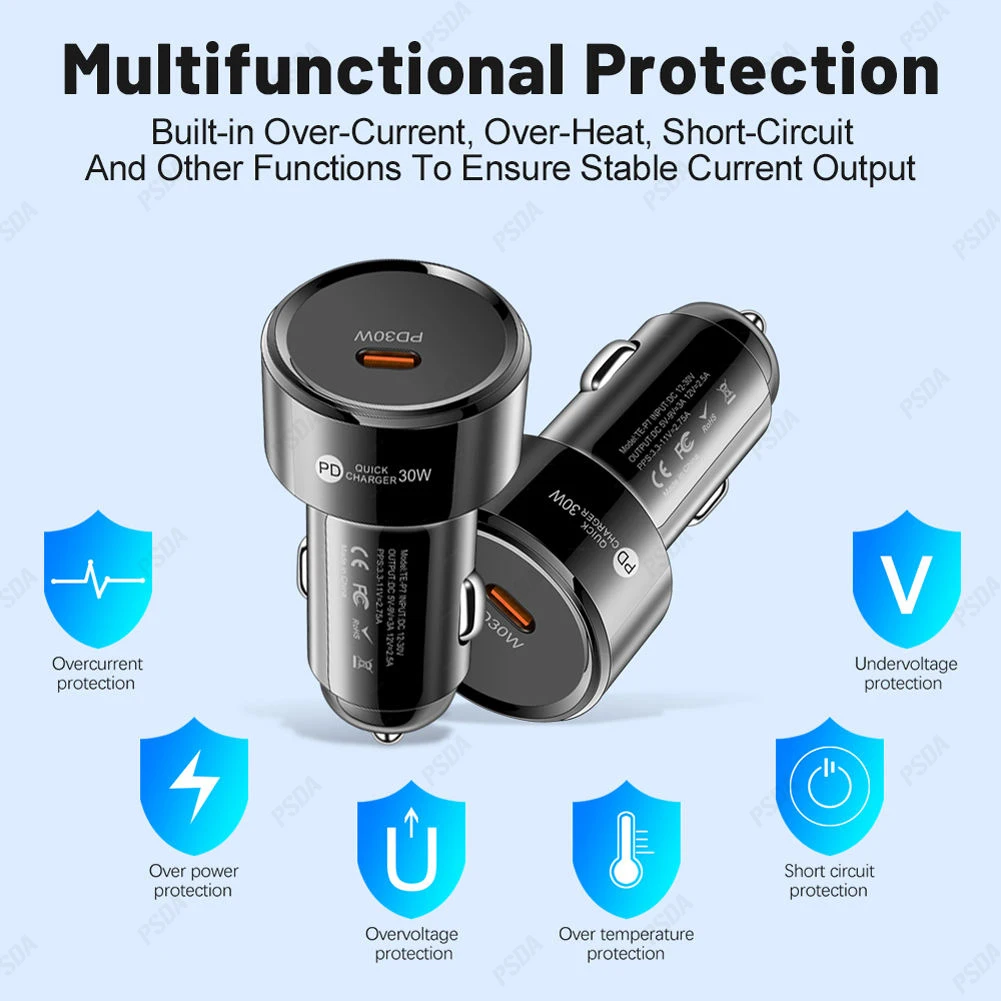 EONLINE 2D PD30W USB Charger Socket USB Type C Car Power Adapter Multiple Protection Car USB-C Adapter for Samsung Huawei Xiaomi