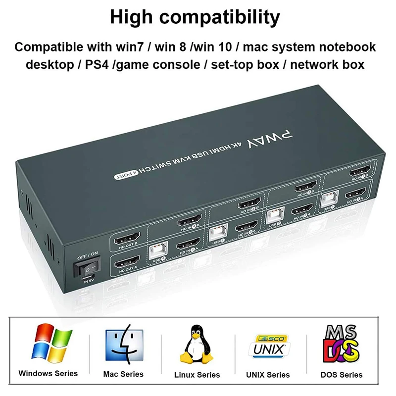 Cheap Factory Price 4 Ports KVM Switch Dual Monitor Display 4K 30Hz, Dual Monitors KVM Switch with Hotkey and USB 2.0