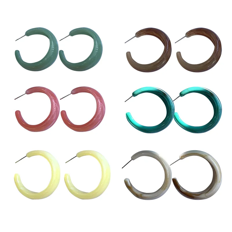 Exaggerated Candy Color C-shape Acetate Acrylic Resin Hoop Earrings 925 Silver Needle