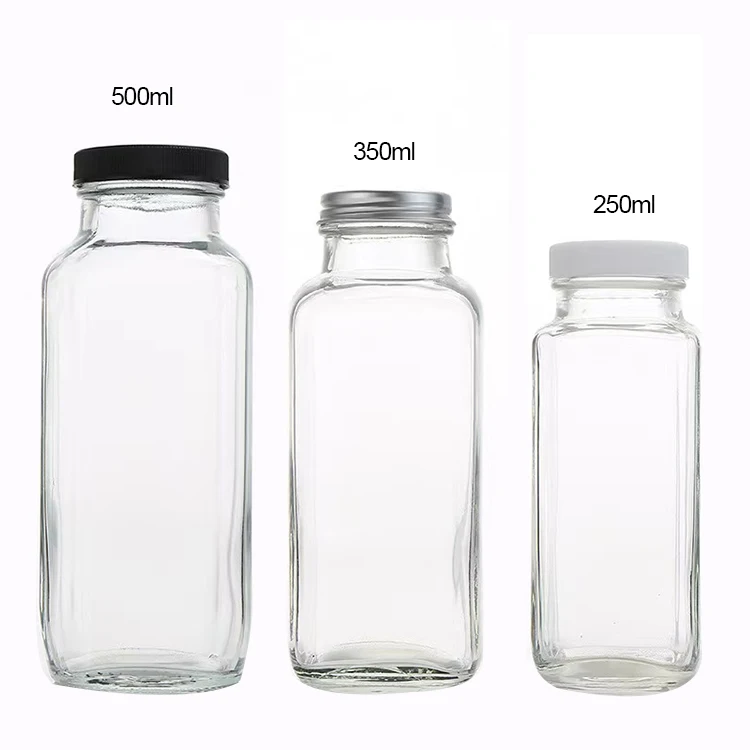 Custom 250ml 350ml 500ml Clear Square Milk Cold Brew Juice Drinking 16 oz Glass Bottles for Beverages with Lids