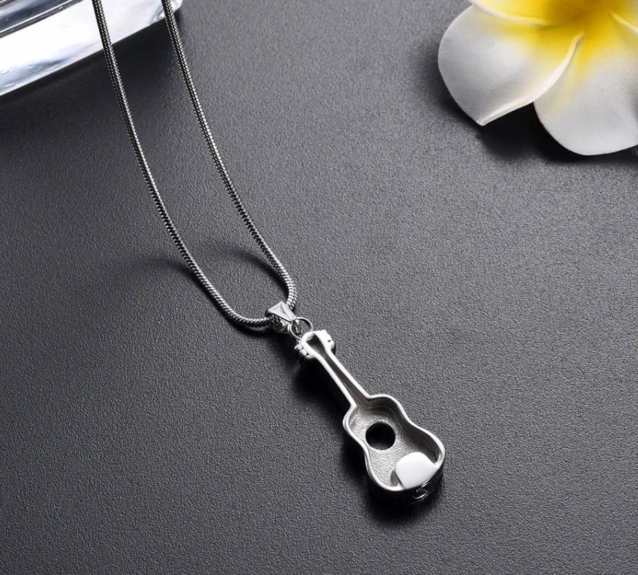 Stainless Steel Guitar Cremation Ashes Locket Musical Instrument Keepsake Pendant Necklace For Men Memorial Ashes Urn Jewelry