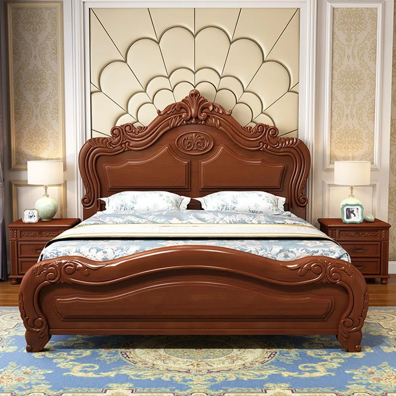Custom Classical European-style bed solid wooden double king size bed master bedroom home furniture set