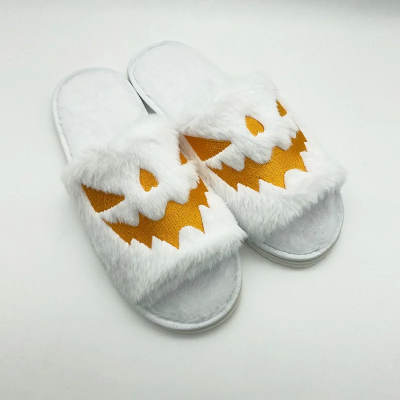 RTS Fashion Popular Womens Orange Slides Slippers Funny Cute Fluffy Warm Cotton Winter Outdoor Party Pumpkin Halloween Slippers