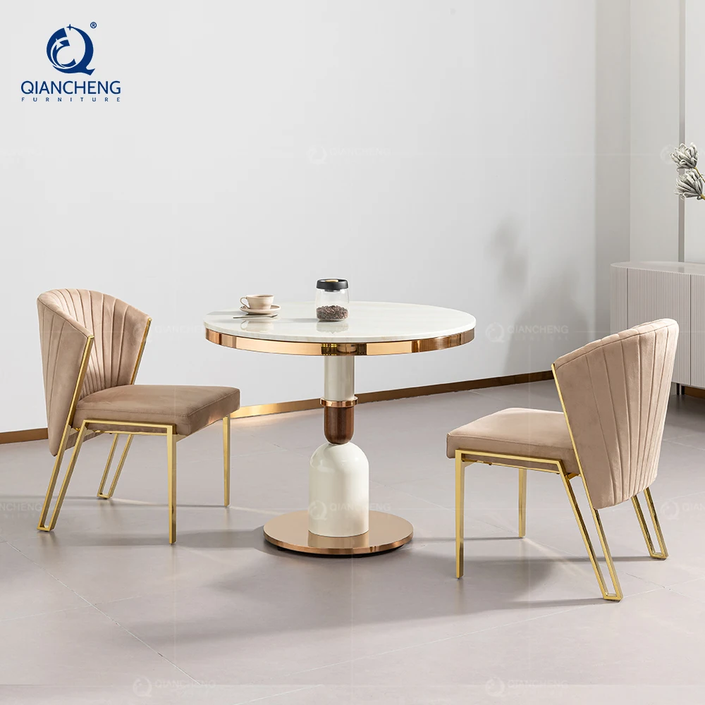QIANCHENG kitchen counter chair grey velvet golden stainless steel mirror italian designers expensive dining table chairs
