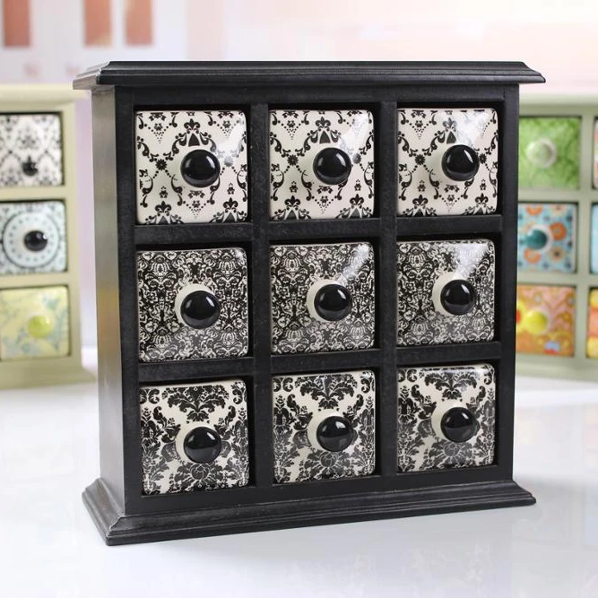 Ceramic Drawer with Wooden Stand 9 drawer condiment receive black and white decorative design