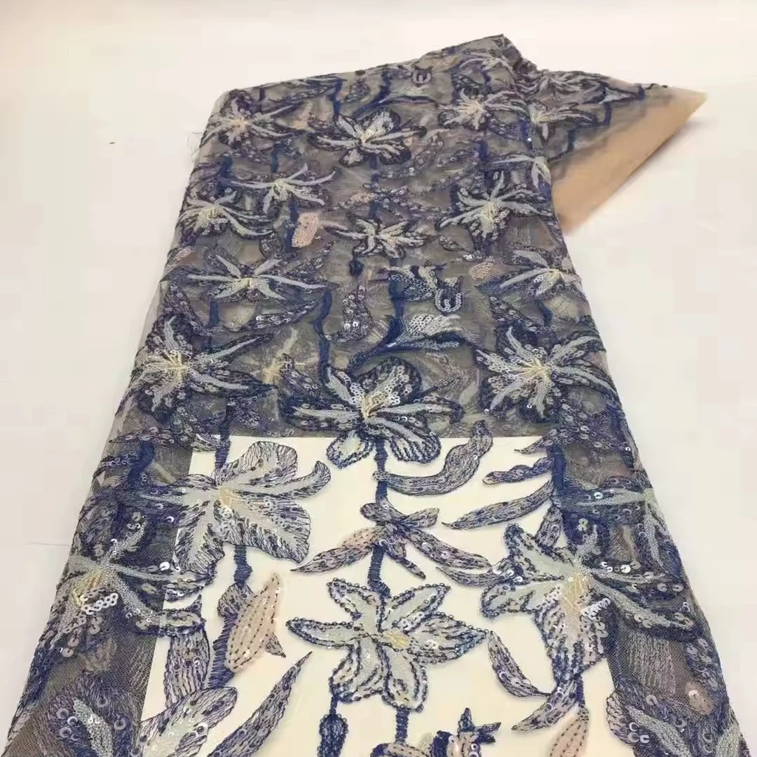 Exquisite handmade beaded lace unique embroidery african french lace fabric wedding dress Tulle Senegal fabric women clothing