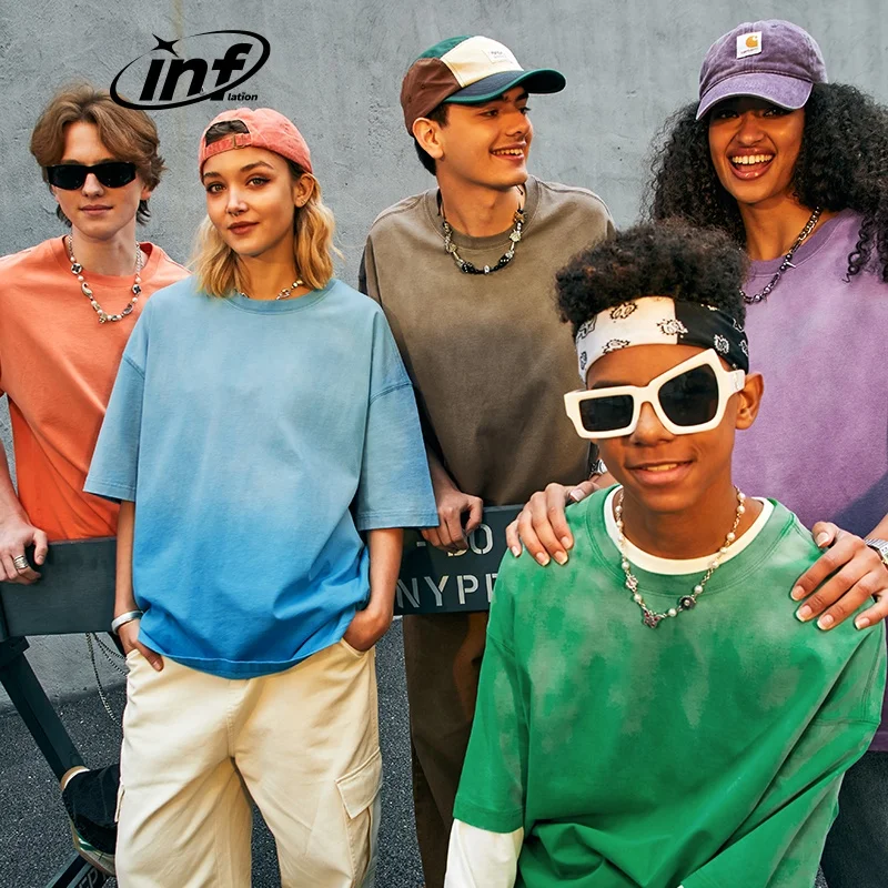 INFLATION 250G Purple Street Acid Washed Vintage T shirts Oversized Tshirt Men