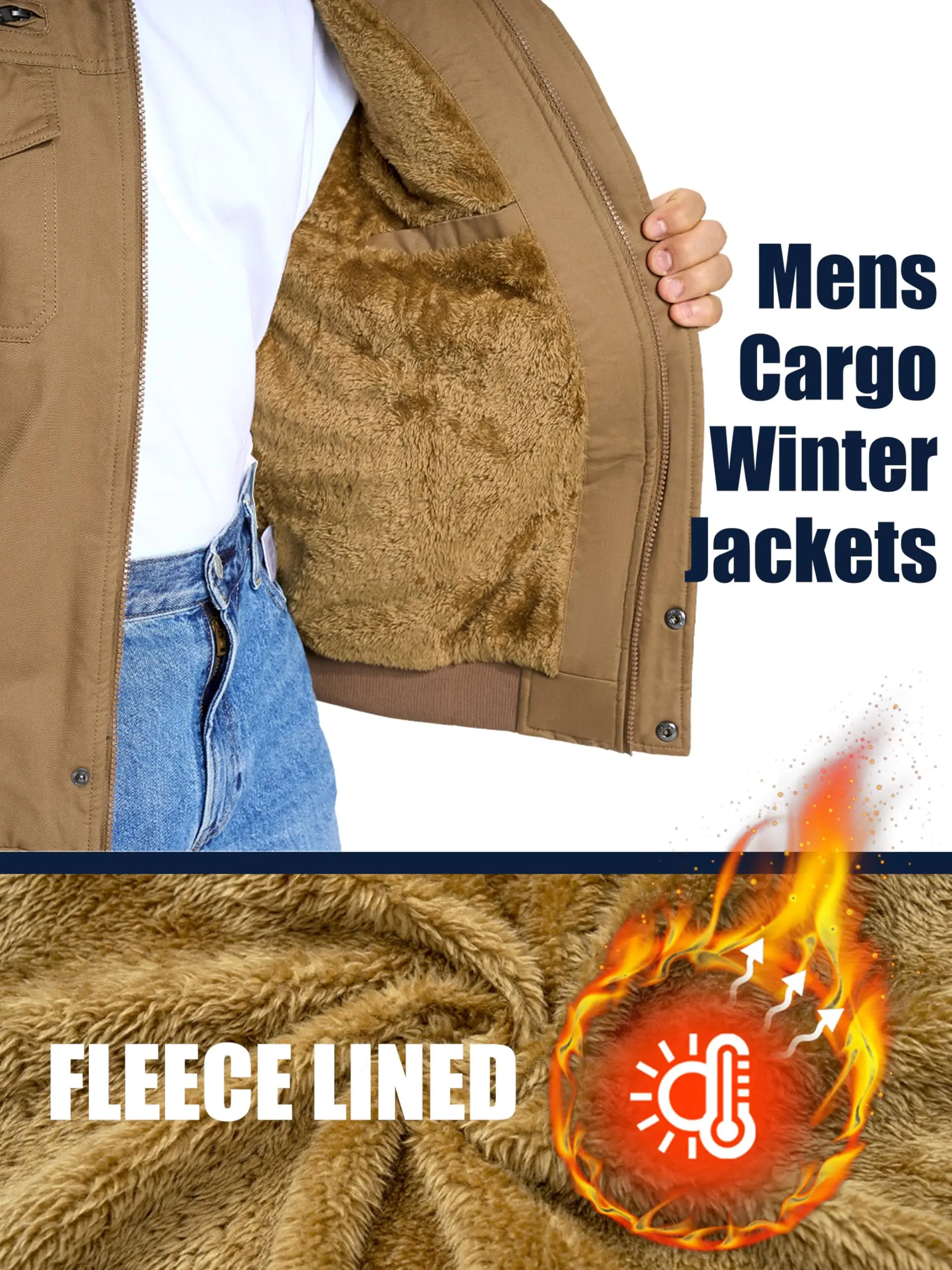 Fleece Parkas Jacket For Men Windproof Cargo Clothing With Multi-Pockets Wind Breaker Jacket Coats Outdoor Casual Workwear