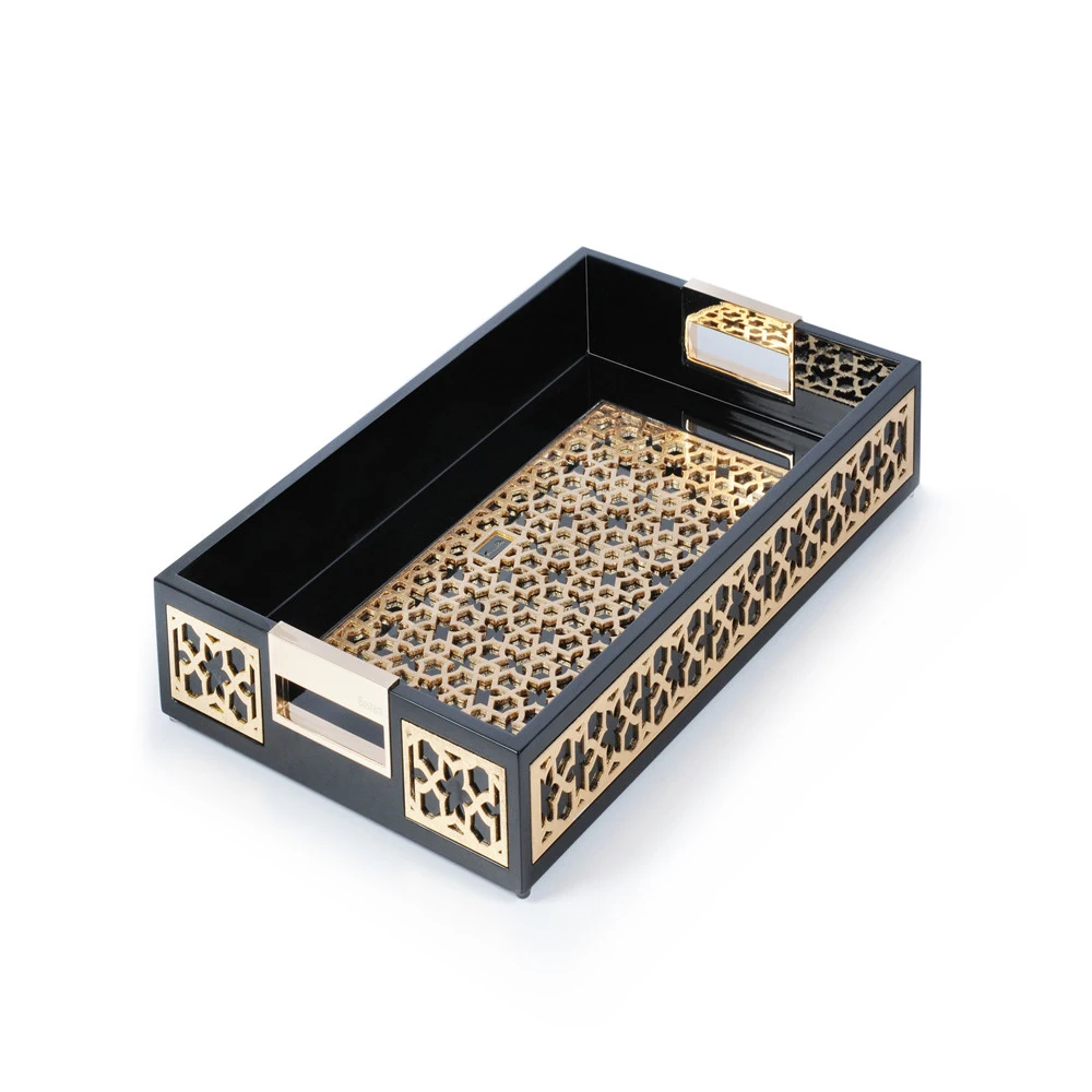 Noble Modern Carving Flower Black Lacquered Glossy Serving Tray With Metal Handle