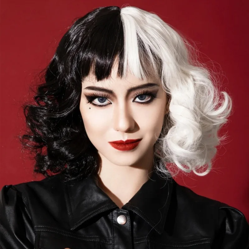 2023 Hot Cosplay Deville Wigs for Women Glueless Synthetic Costume Cruella Wig 12' Short Black and White Wigs