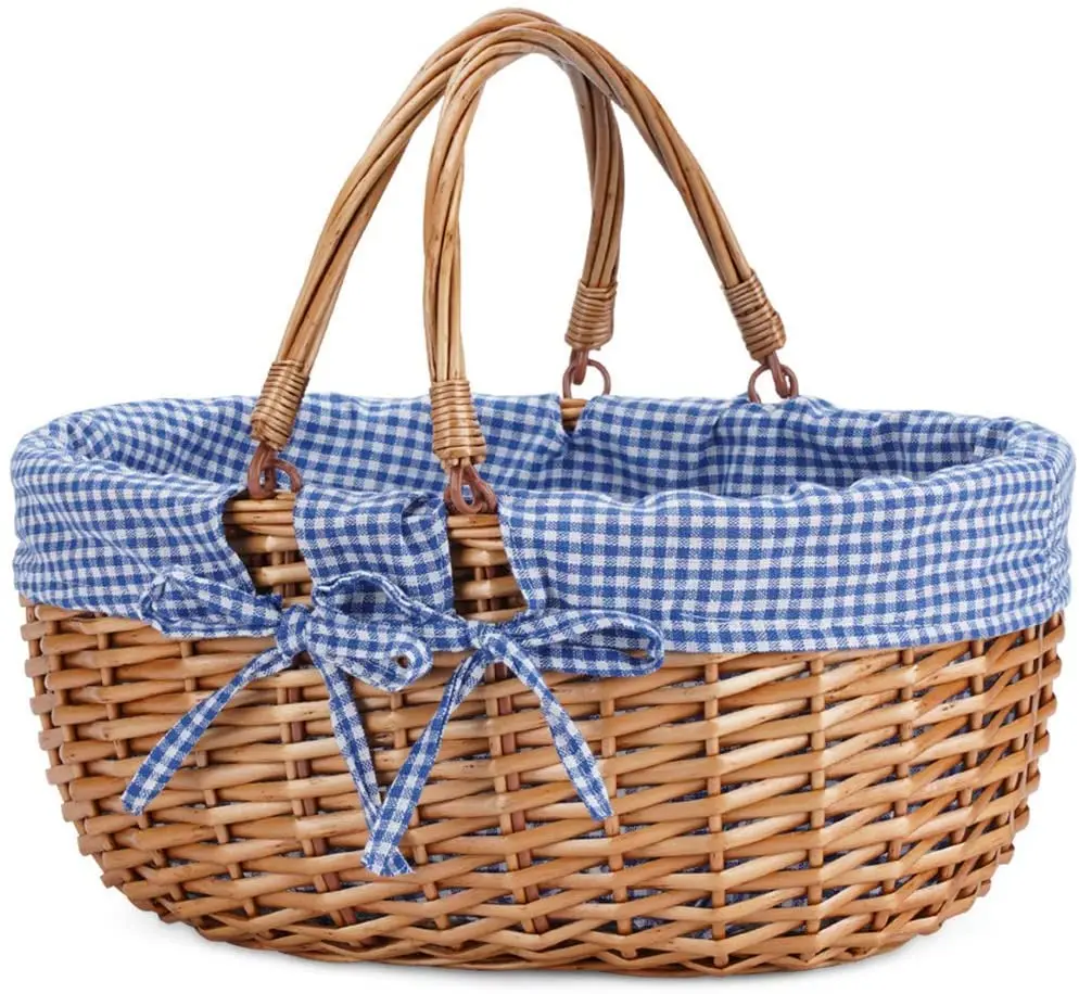 Picnic Basket Natural Woven Woodchip with Double Folding Handles