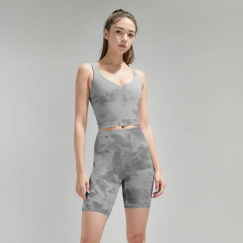 lulu tie-dye vest without embarrassment five quarter pants Yoga sports women Polyamide double face hair fitness beauty back