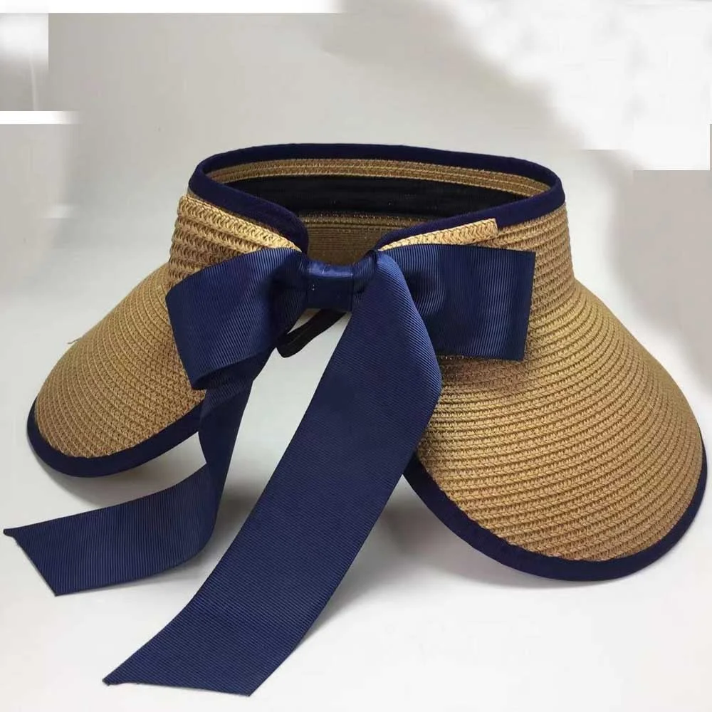 Big Brim Empty Top Hat Lady Folding Visor Promotional Straw Sun Visor with Bow Paper Straw Wide Brim Visor Hat